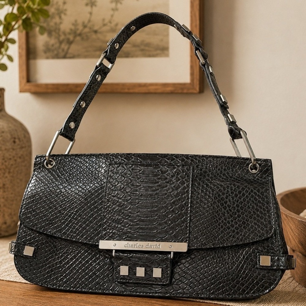 Charles David Black Snakeskin Embossed Shoulder Bag Silver Studded Baguette Y2K